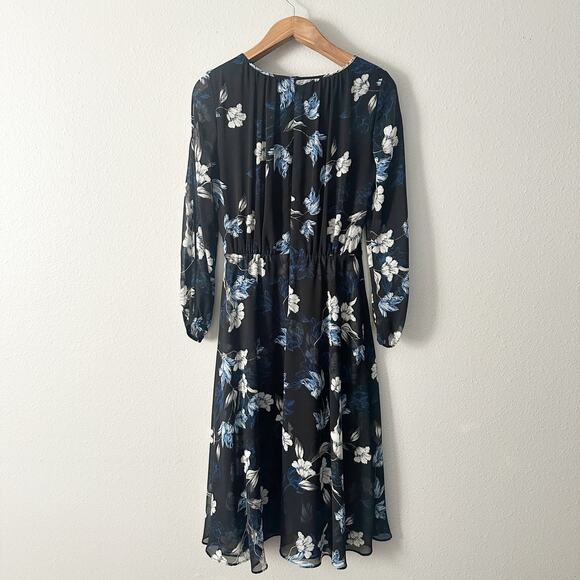 WHBM Black Blue Floral Flowy Long Sleeve Midi Dress women's size 8 - Picture 8 of 12